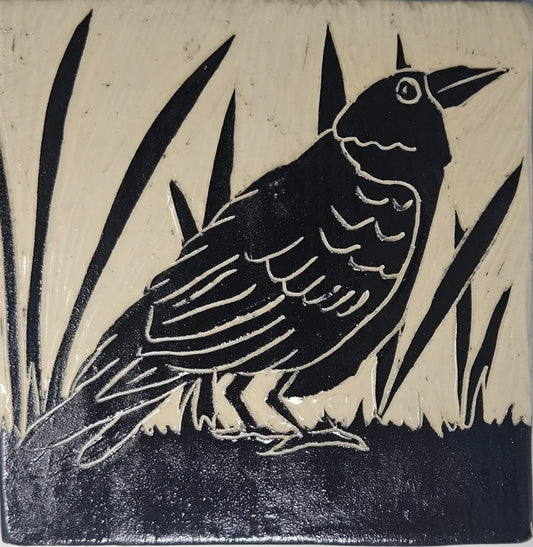 Crow 4x4 inch Handmade Sgraffito Ceramic Tile