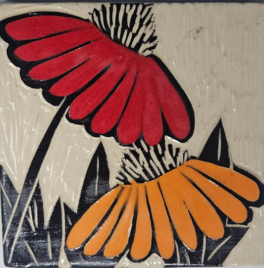 Red/Orange Coneflower 4x4 inch Handmade Sgraffito Ceramic Tile