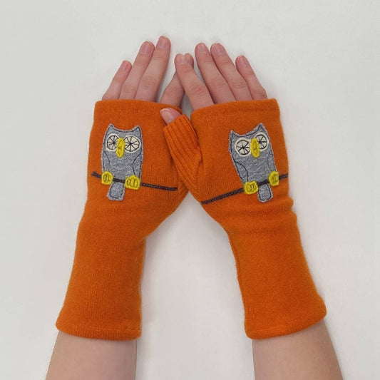 Fingerless Cashmere Gloves-Owl: Orange / One Size Fits Most