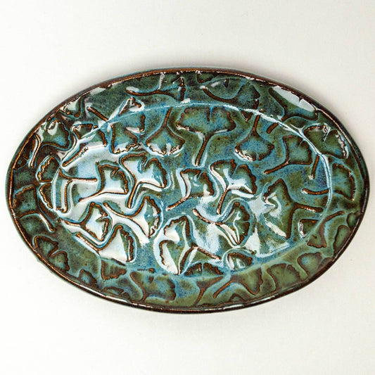 Ginkgo Leaf Pattern Handmade Ceramic Blue Oval Trinket Dish