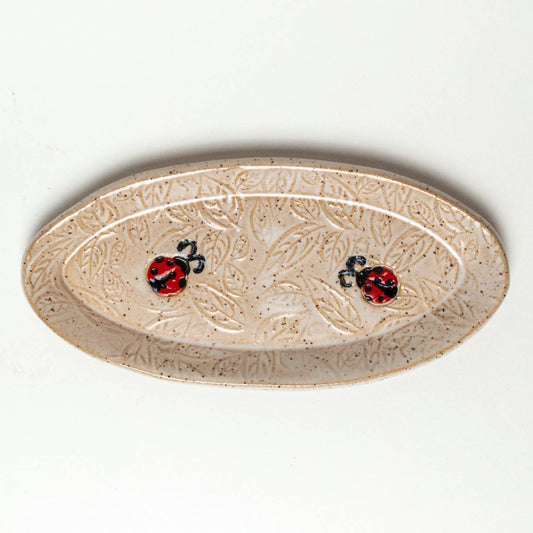 Ladybug Pattern Handmade Ceramic White Oval Trinket