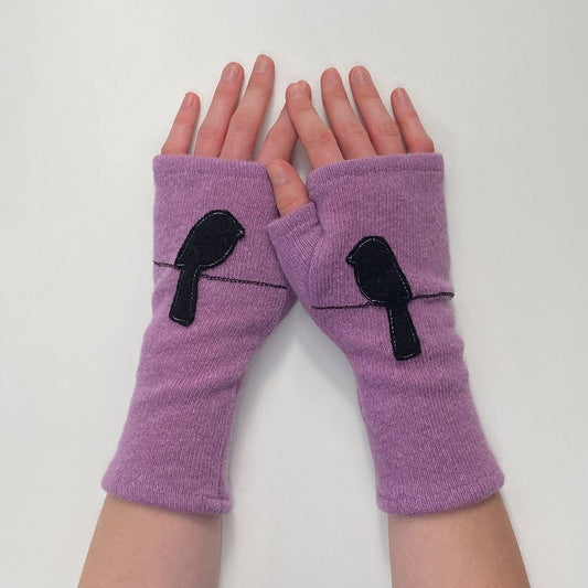 Fingerless Cashmere Gloves-Bird on Wire: Black on Pink / One Size Fits Most
