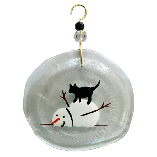 Snowman and Kitten Glass Ornament - Clear - 2x4