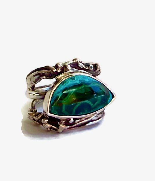 Chrysocolla Malachite Cabochon Fused Twig Ring - Size 7