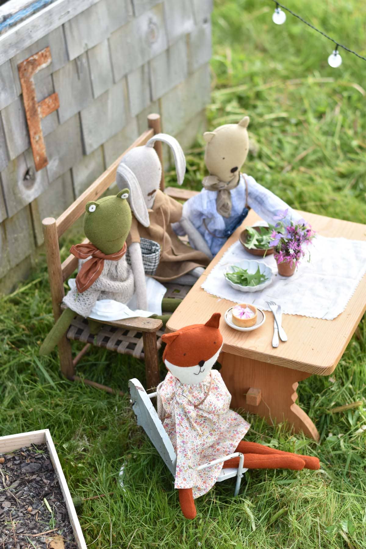 Ruthie the Rabbit – Handmade Wool Doll in Linen Dress 