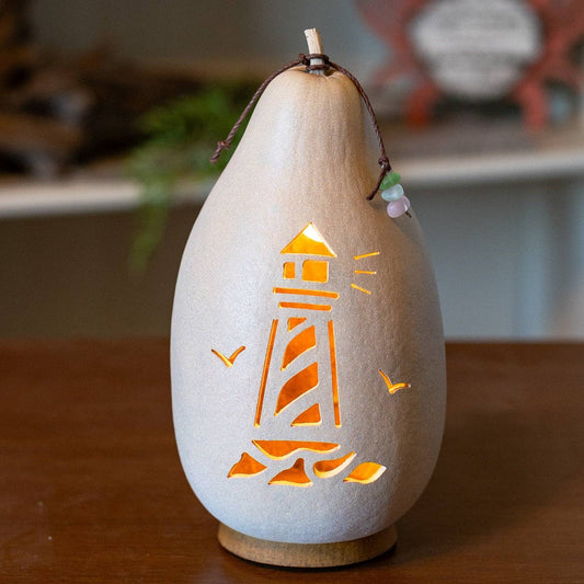 Hand-Crafted Coastal Gourd - Light House - Medium Lit