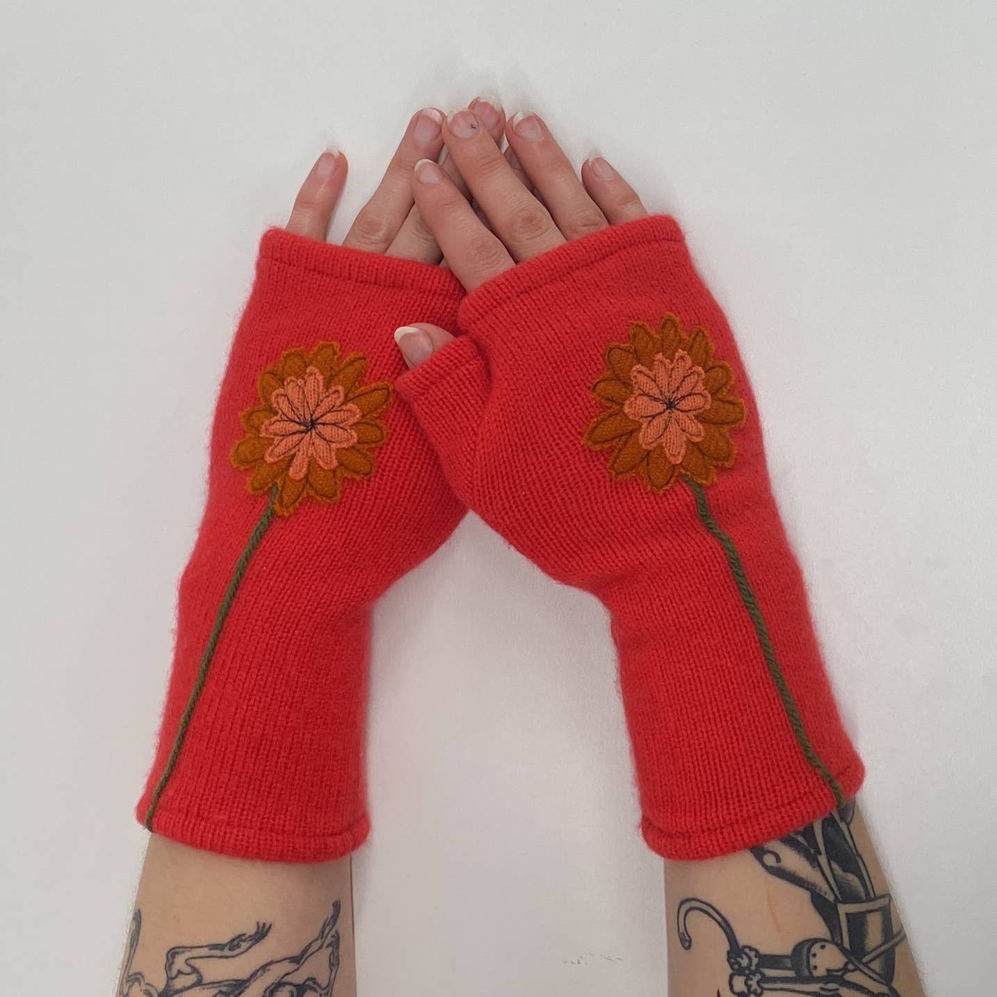 Fingerless Cashmere Gloves-Zinnia: Orange on Red / One Size Fits Most