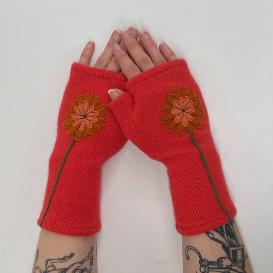 Fingerless Cashmere Gloves-Zinnia: Orange on Red / One Size Fits Most