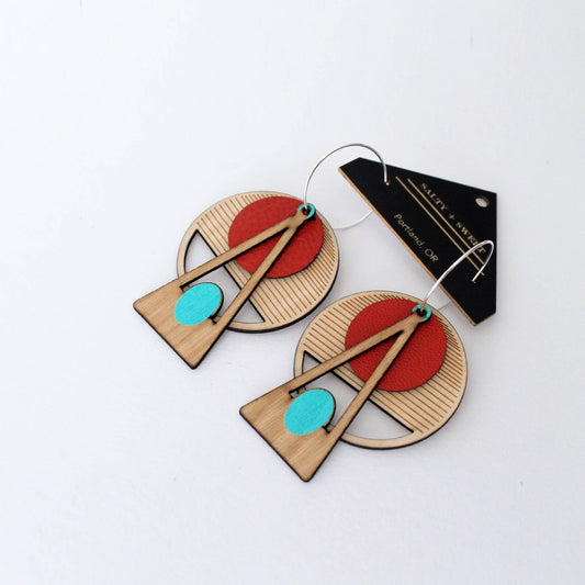 Architectural Lightweight Leather + Birch earring: Deco Red