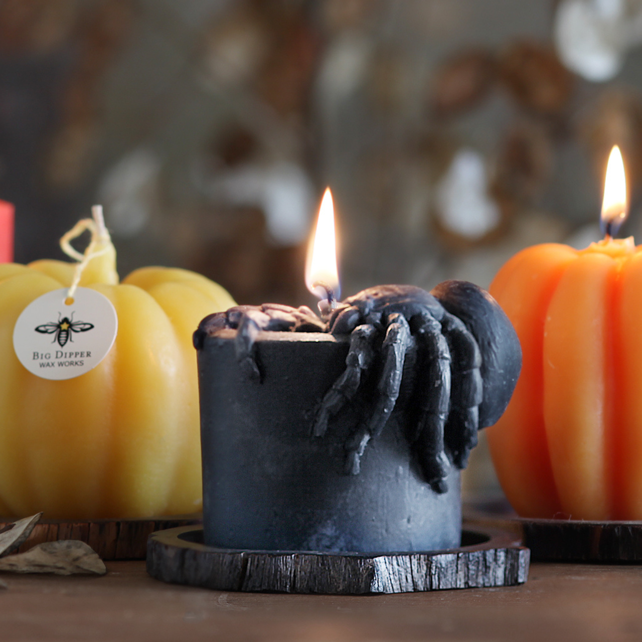 Spider Pillar Candle – 100% Beeswax – Black – 4” Sculpted