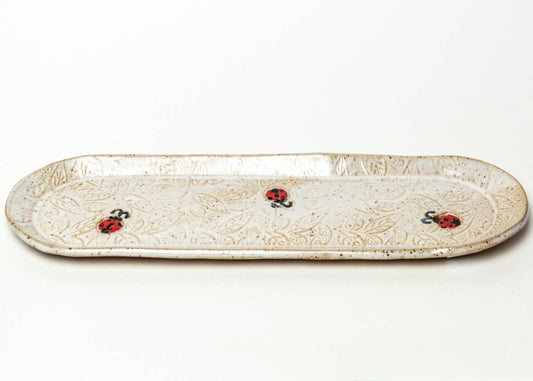Ladybug Pattern Handmade Ceramic White Platter