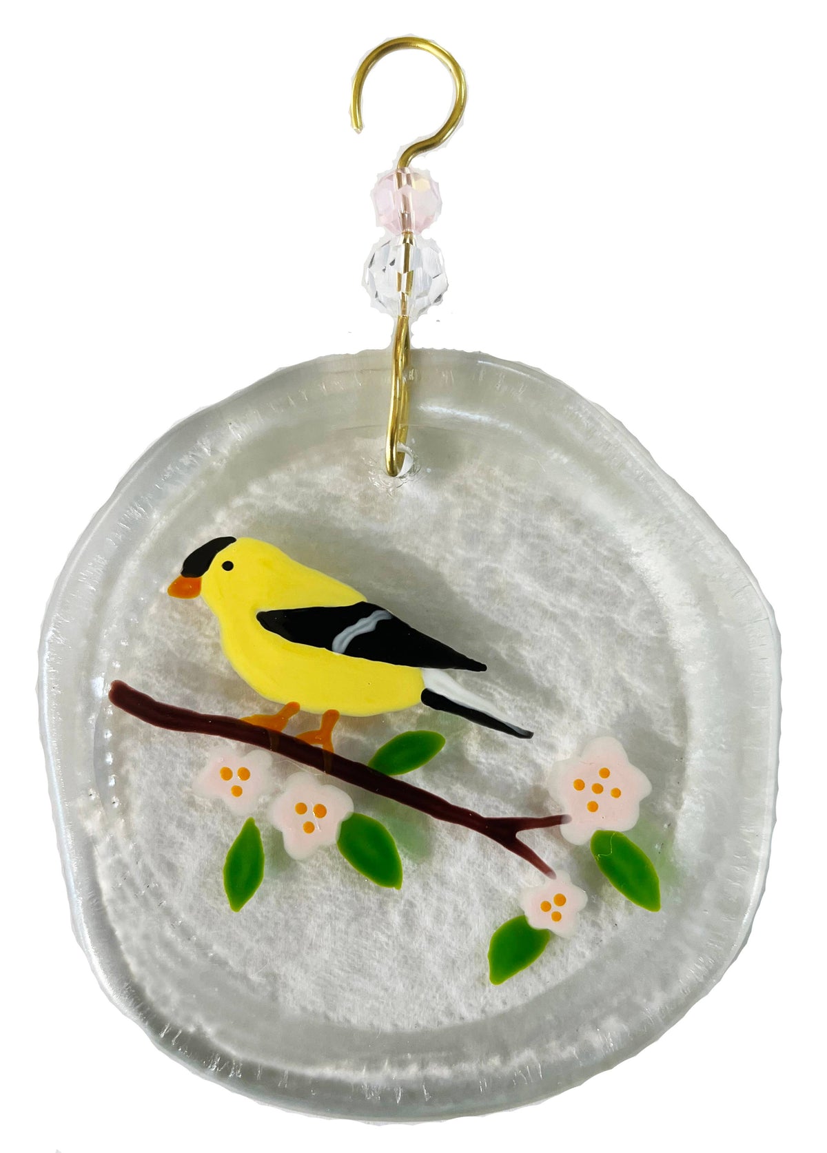 Ornament - Yellow Bird & Branch: Clear glass / One size:  2" - 4"