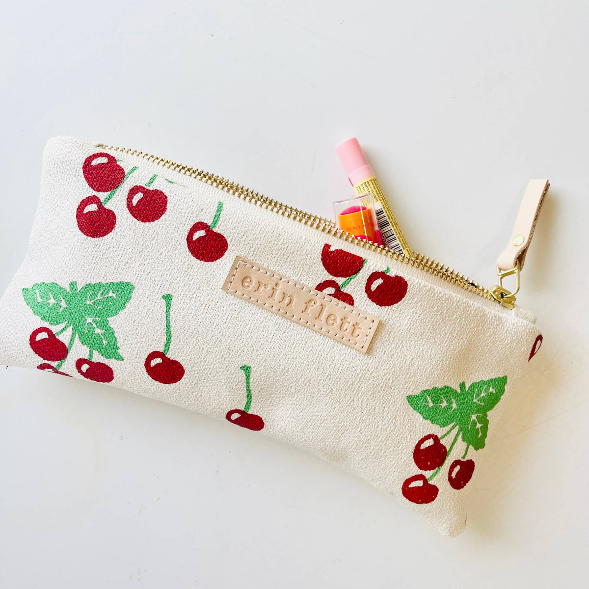 Cherry Pencil Bag: Cherry Red + Sea Foam | Natural Zip / Cotton Barkcloth / Flat
