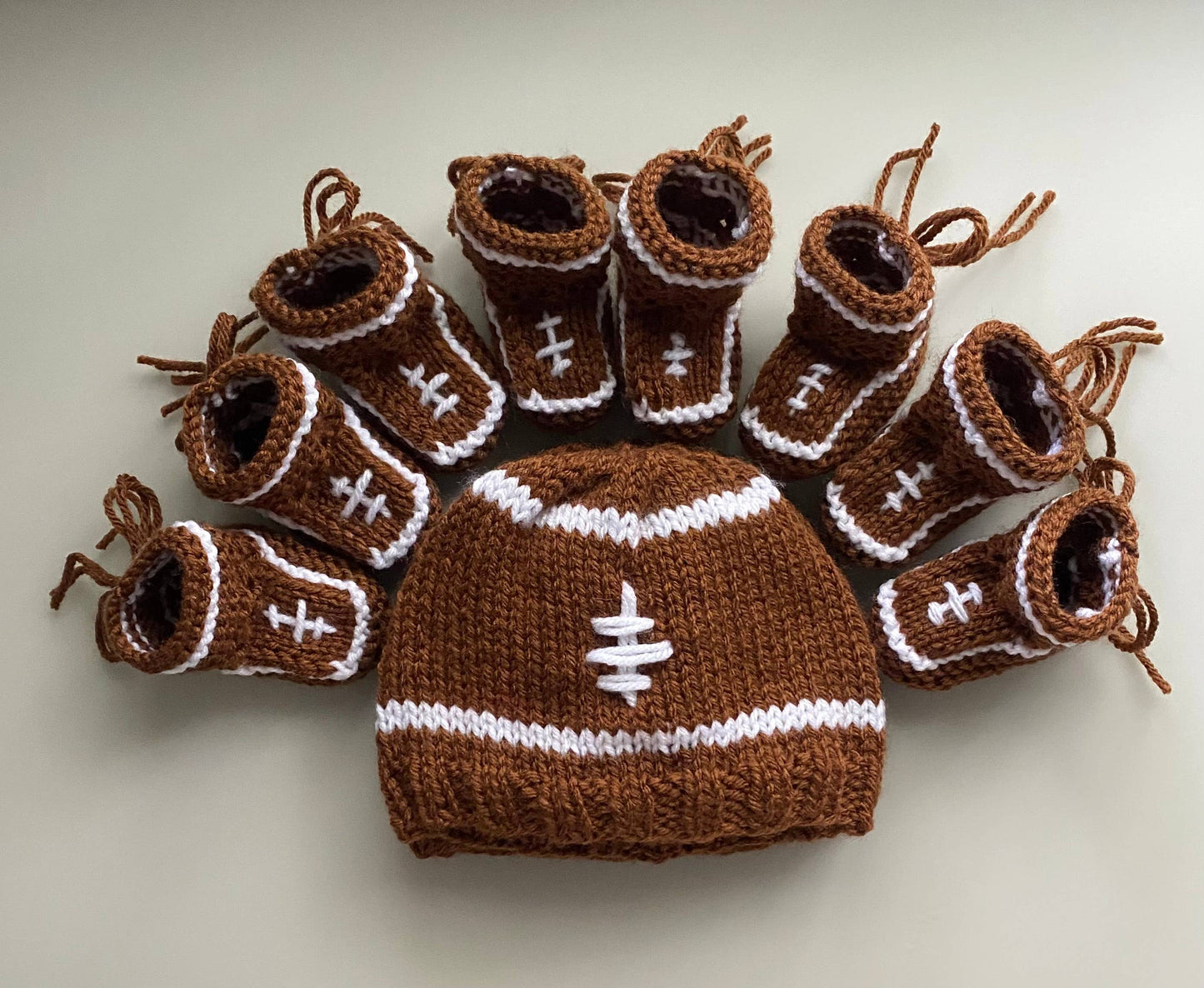 Football; hand knit baby hat and/or booties; baby toddler: Booties