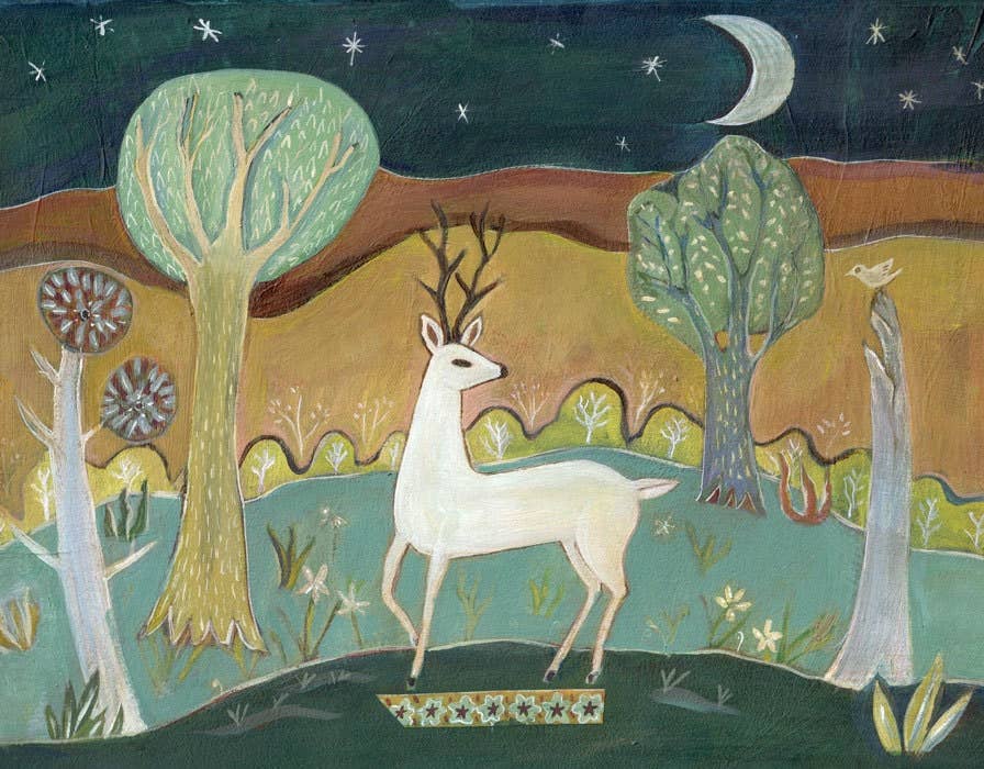 Greeting Card, Folk Art, Woods, Landscape, White Deer