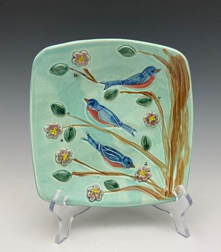 Squared Bluebird Bowl w/ Sprigs - Light Turquoise