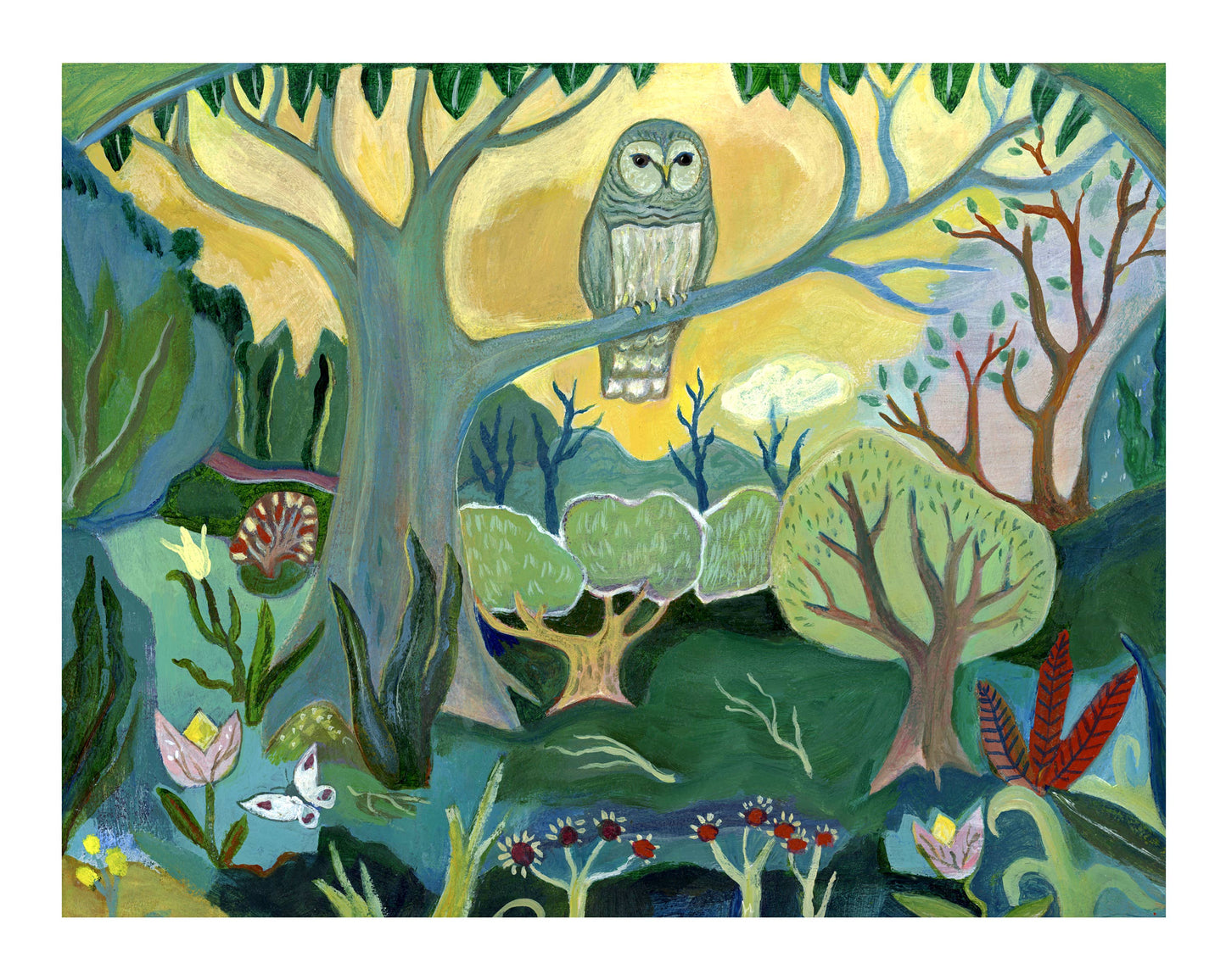 Art Print, Nature, Folk Art, Owl at Sunset