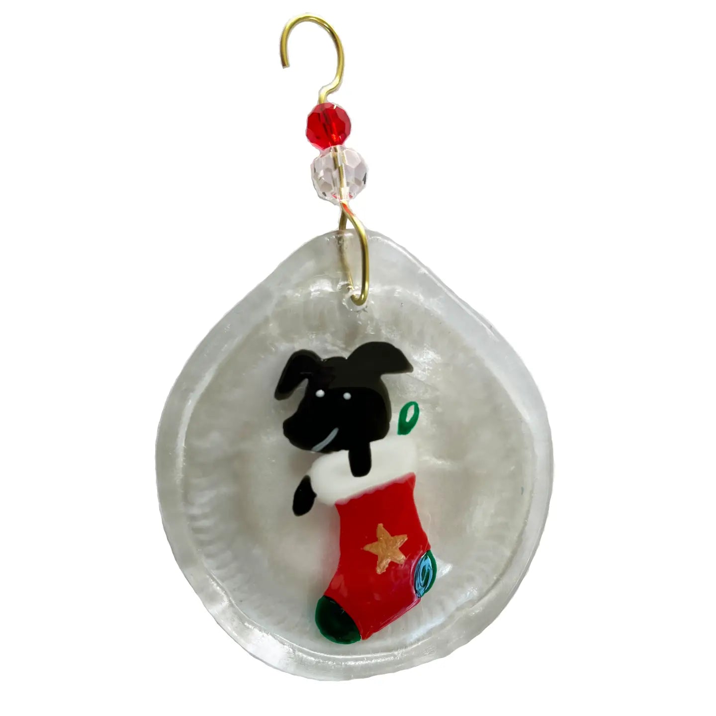 Stocking and Puppy Glass Ornament - Clear - 2x4