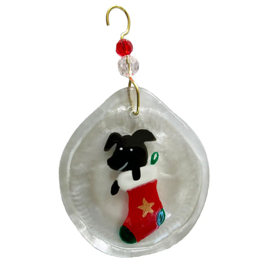 Stocking and Puppy Glass Ornament - Clear - 2x4