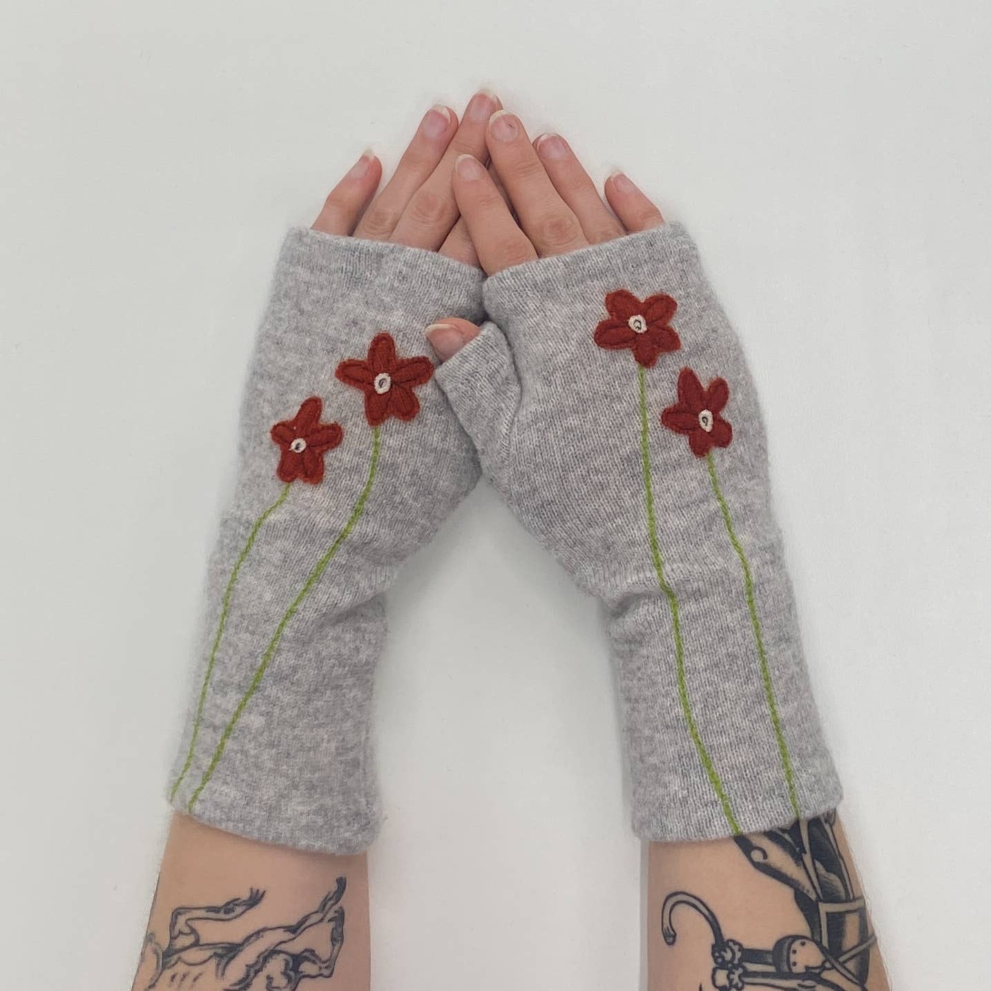 Fingerless Cashmere Gloves-Wildflower: Orange on Grey / One Size Fits Most
