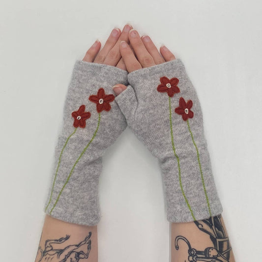 Fingerless Cashmere Gloves-Wildflower: Orange on Grey / One Size Fits Most