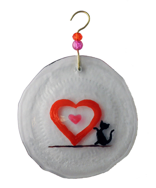 Ornament - Hearts & Cat: Clear glass / One size:  2" - 4"