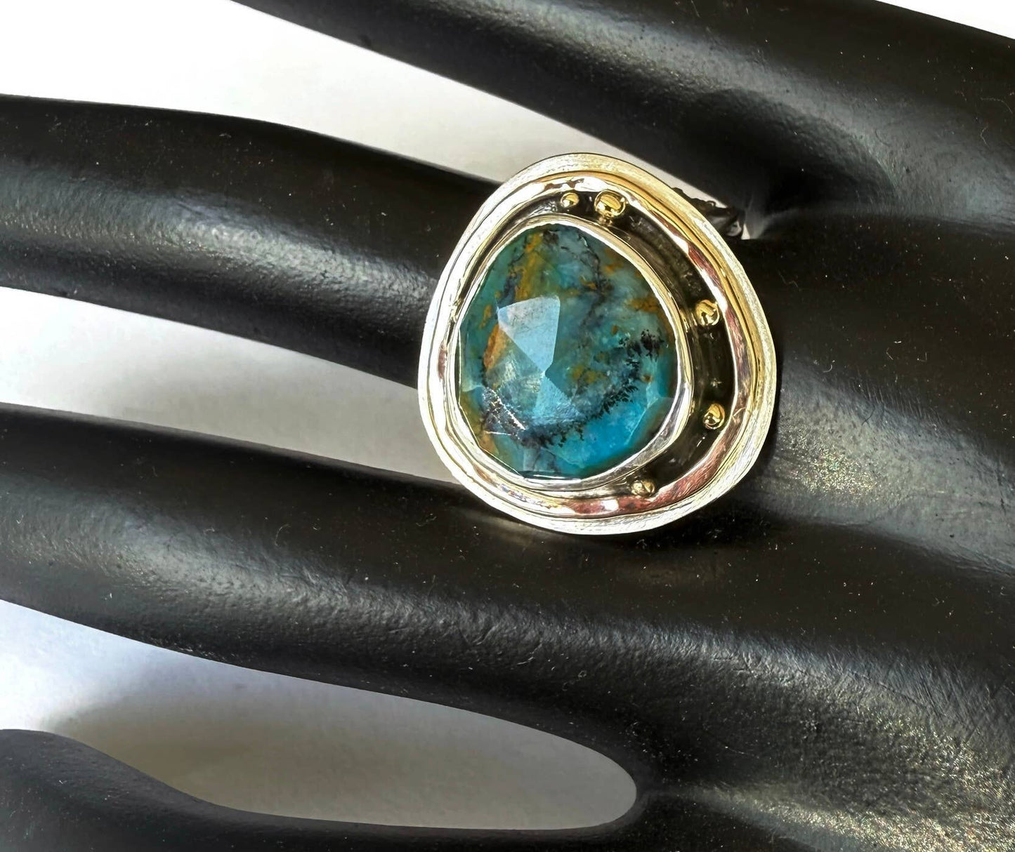 Peruvian Organic Opal Facet Ring with 14 k gold fill Accents: Size 8