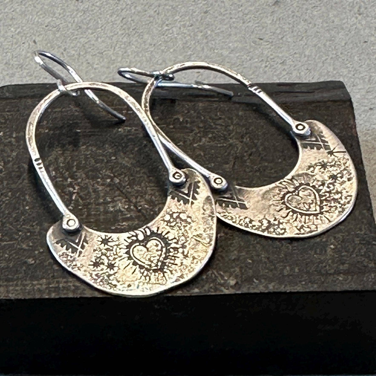 Handmade Sterling Sacred Heart Hoops – Textured Drop Earrings