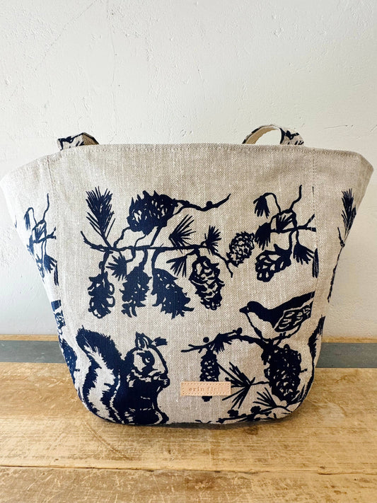 Pine Cone Heavy Linen Boho Tote Bag: Navy