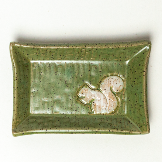 White Squirrel Handmade Ceramic Green Trinket Dish