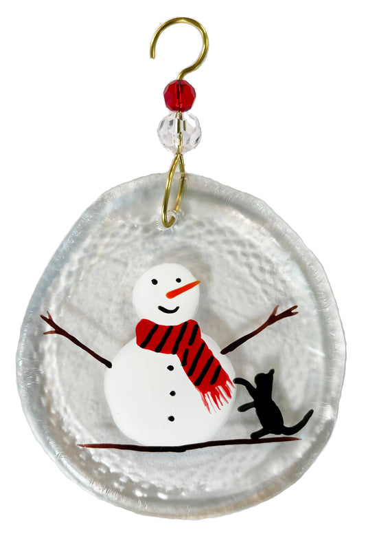 Ornament - Snowman & Scarf & Cat: Clear Glass
