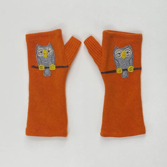 Fingerless Cashmere Gloves-Owl: Orange / One Size Fits Most