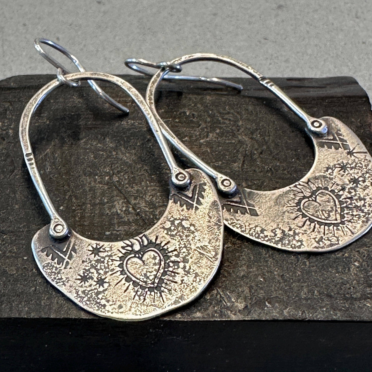 Handmade Sterling Sacred Heart Hoops – Textured Drop Earrings