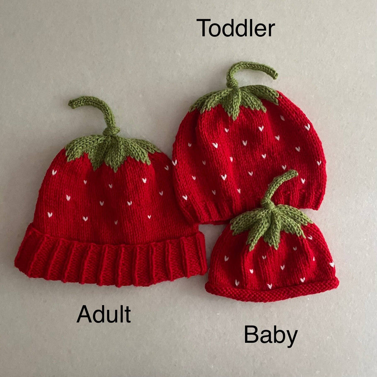 Strawberry hats; Hand knit; Mommy and Me; adult toddler baby: Toddler