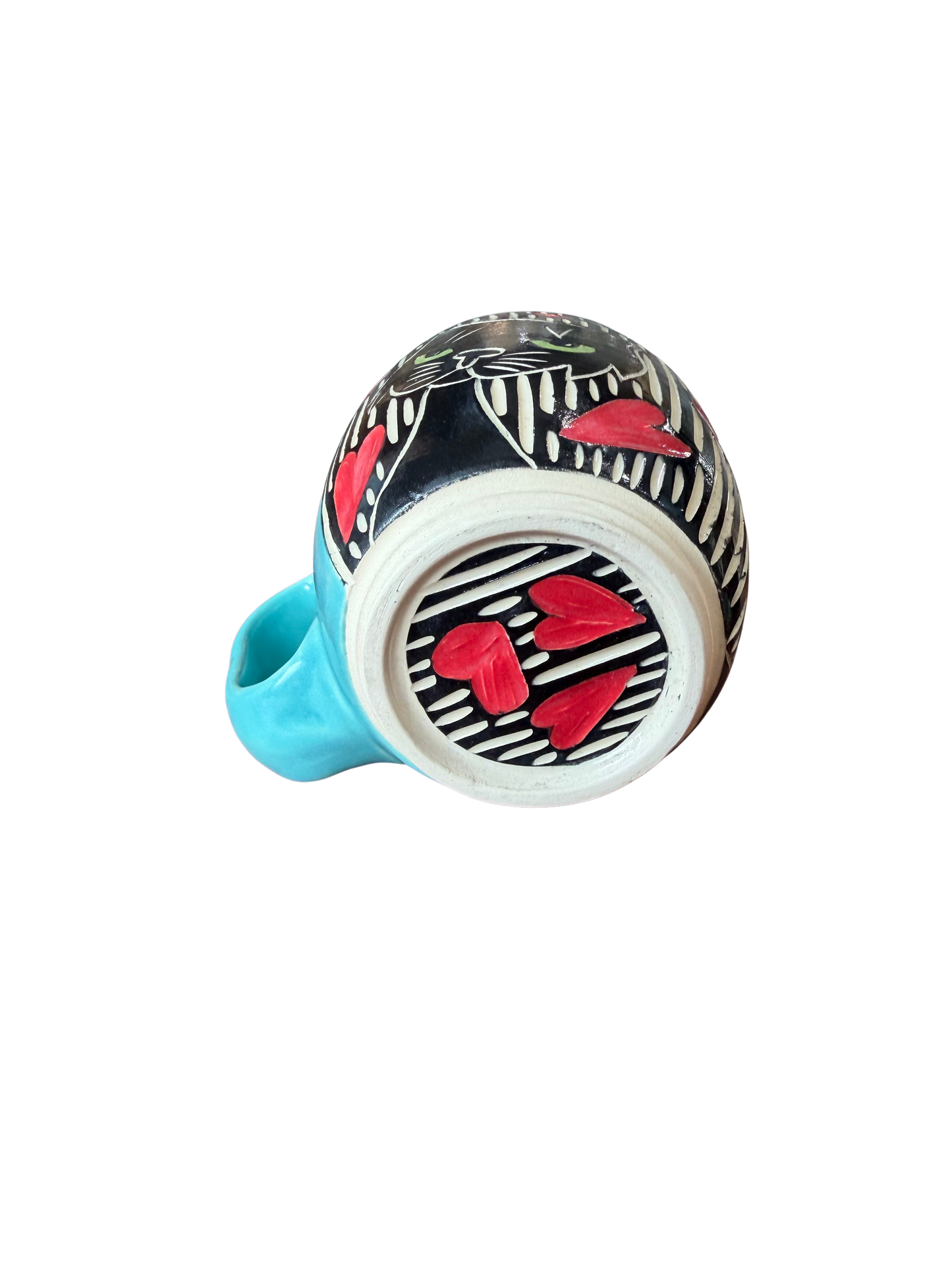 Wheel Thrown Mug - Black Cat Face/Hearts