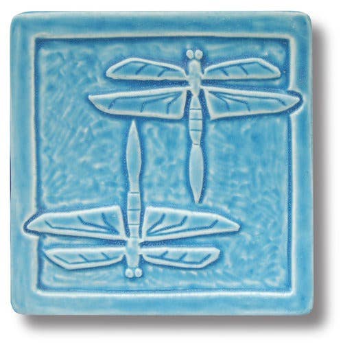 Double Dragonfly Art Tile 6x6: Seaside Blue Glaze