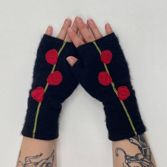 Fingerless Cashmere Gloves-Rosebud: Red on Black / One Size Fits Most