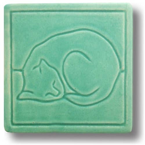 Line Cat Art Tile  Sleeping Cat : Bermuda Green Glaze