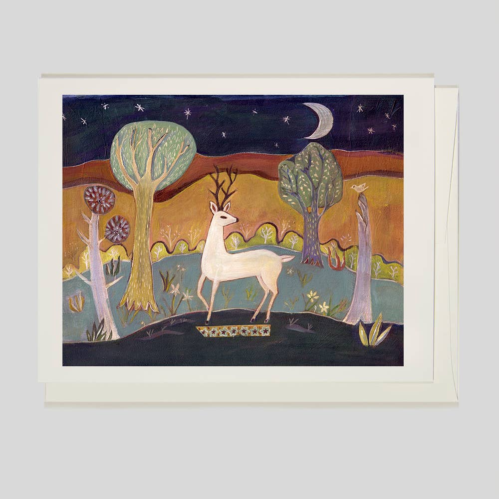 Greeting Card, Folk Art, Woods, Landscape, White Deer