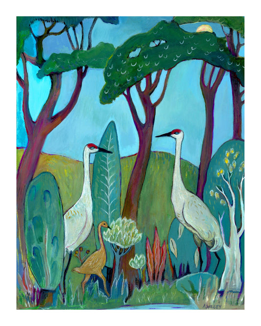 Art Print, Family, Folk Art, Nature, Whimsical, Crane Family