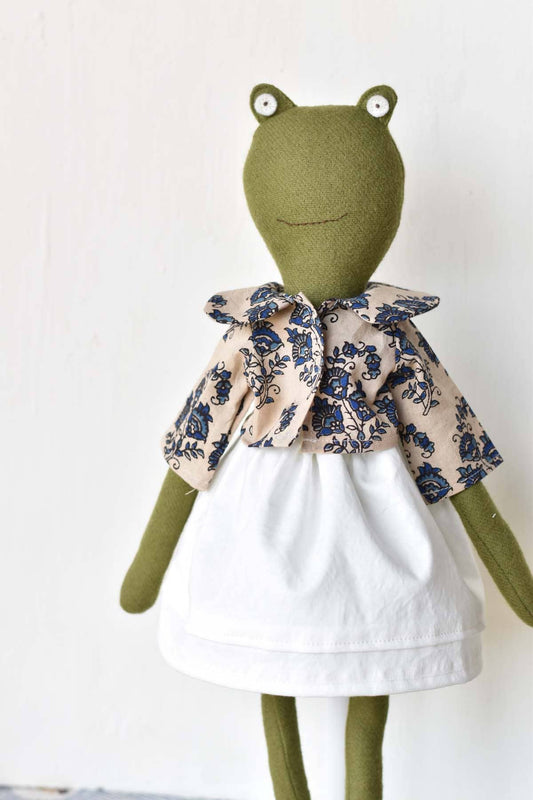 Fern the Frog – Handmade Wool Doll in Block Print Outfit