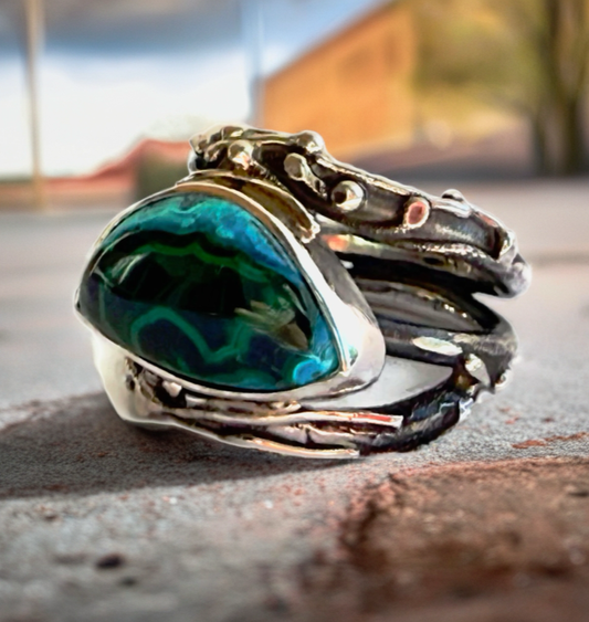 Chrysocolla Malachite Cabochon Fused Twig Ring - Size 7