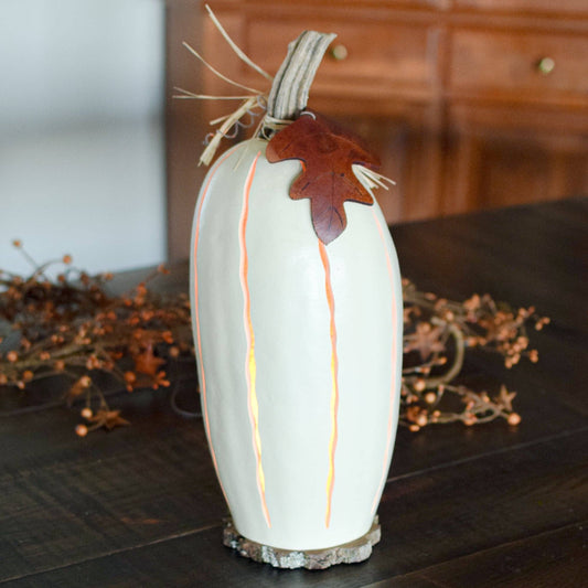 White Tall Pumpkin Gourd Luminary - Large Lit