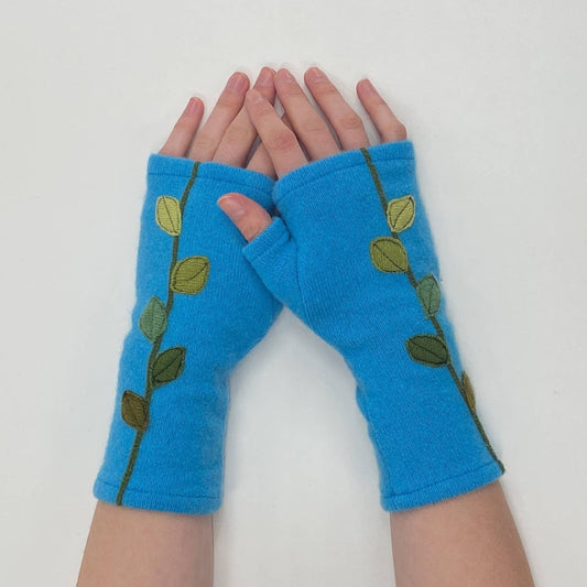 Fingerless Cashmere Gloves-Leaves: Aqua / One Size Fits Most