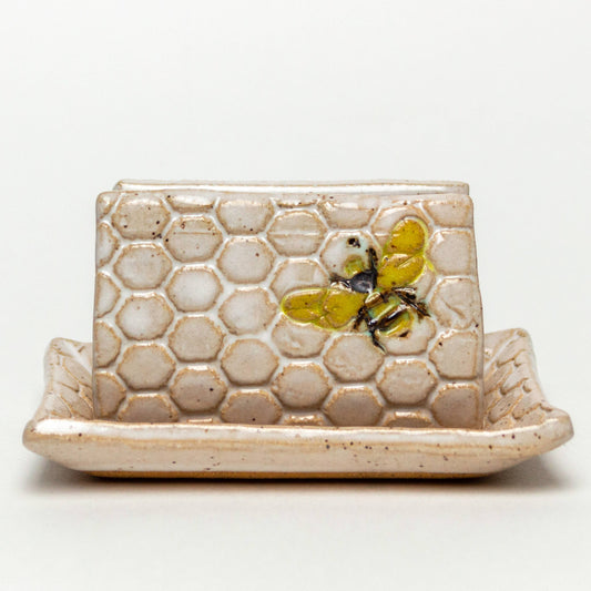 Bee Pattern Handmade Ceramic White Kitchen Sponge Holder Bee