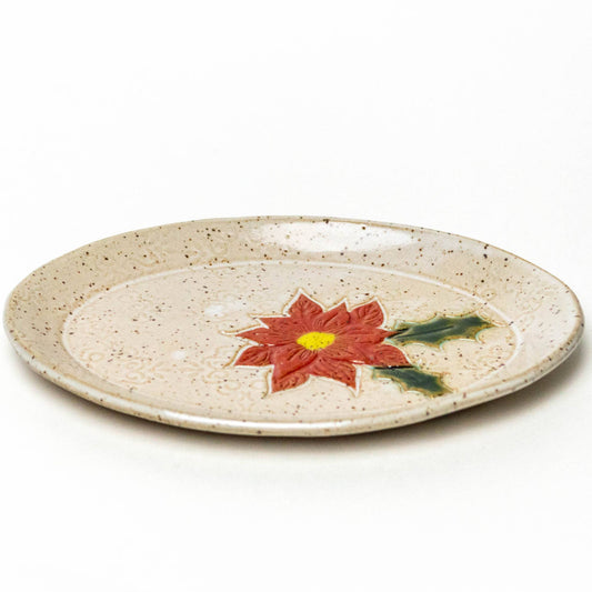 Poinsettia Pattern Handmade Ceramic White Oval Trinket Dish