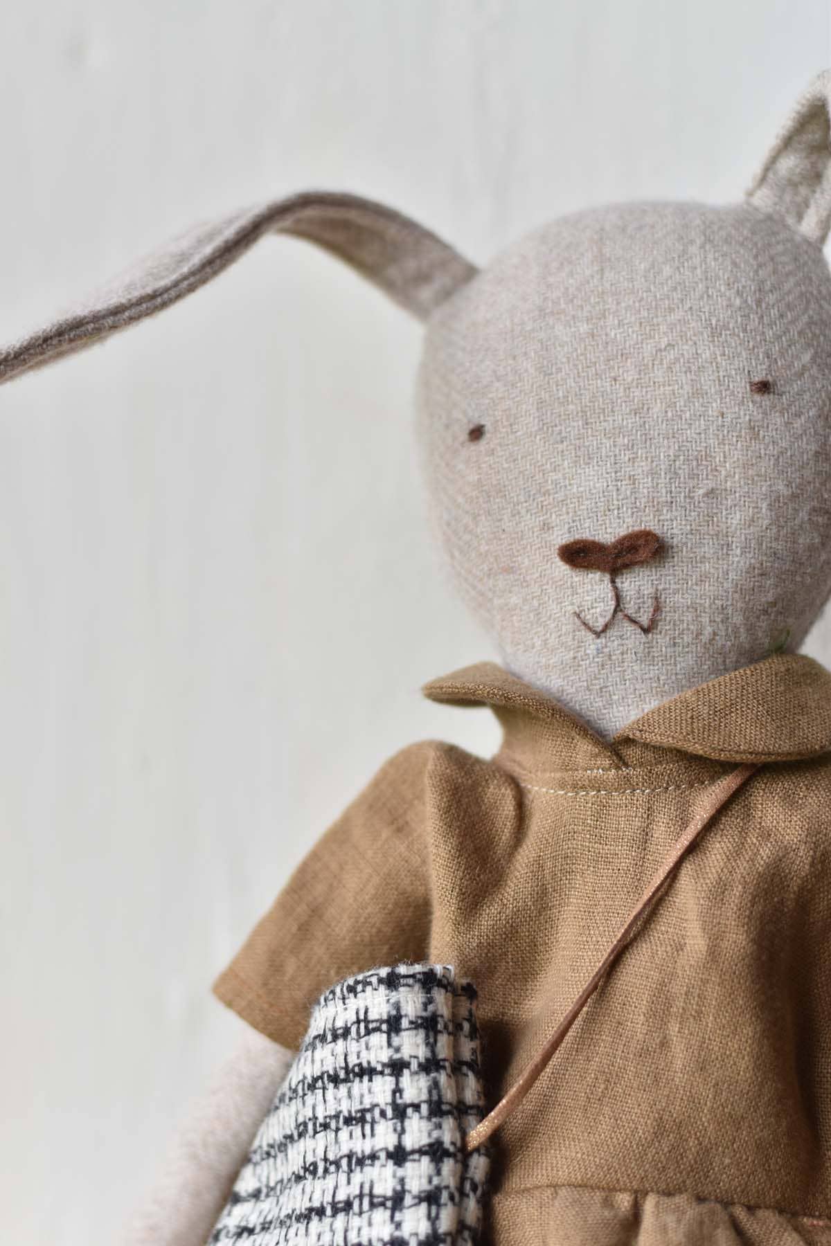 Ruthie the Rabbit – Handmade Wool Doll in Linen Dress 