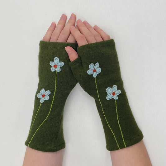 Fingerless Cashmere Gloves-Wildflower: Blue on Olive / One Size Fits Most