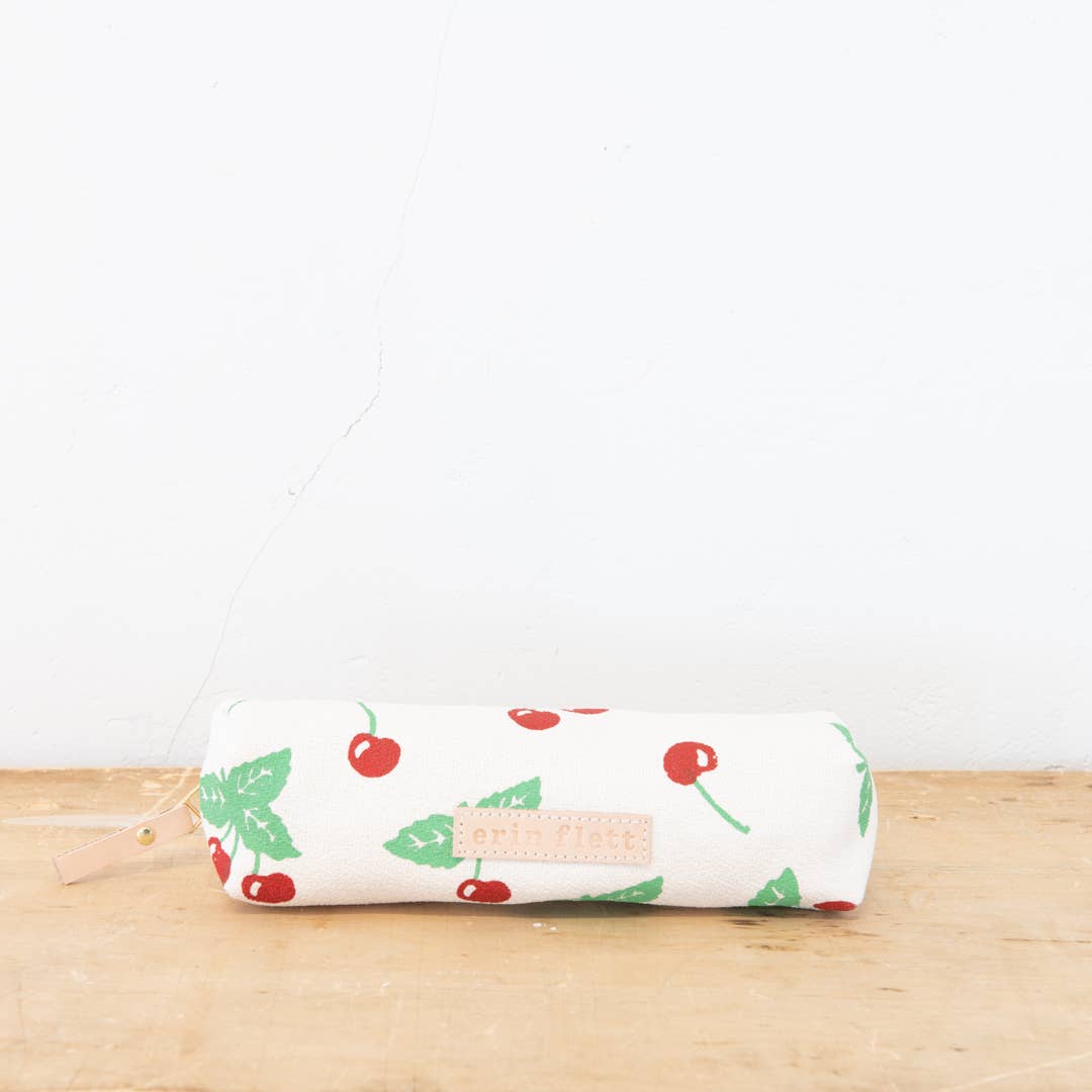 Cherry Pencil Bag: Cherry Red + Sea Foam | Natural Zip / Cotton Barkcloth / Flat