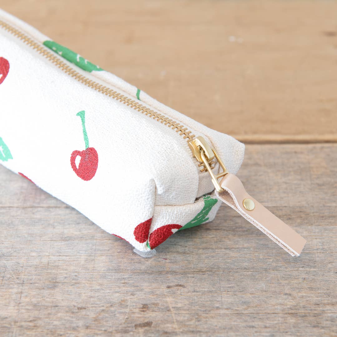 Cherry Pencil Bag: Cherry Red + Sea Foam | Natural Zip / Cotton Barkcloth / Flat